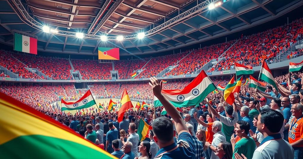 A vibrant scene of a large stadium filled with enthusiastic supporters celebrating unity and leadership.
