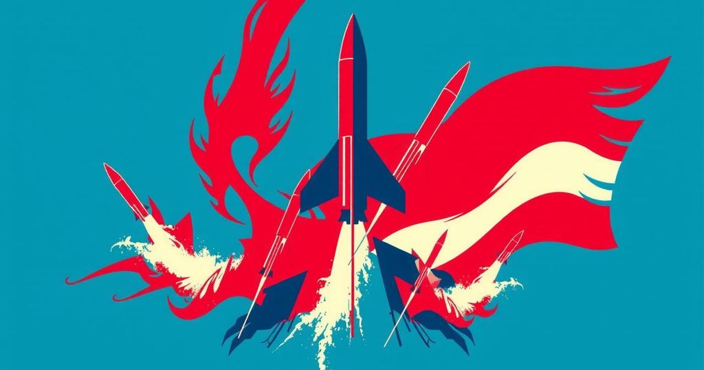 Abstract design representing geopolitical conflict with missiles and flags in a red and blue color scheme.