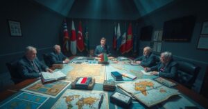 A chaotic negotiation scene with maps, flags, and documents representing complex diplomatic strategies.