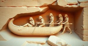 Rare ancient rock carving near Aswan depicting early Egyptian kings on a boat surrounded by symbolic figures.
