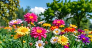 A serene landscape with vibrant flowers and a peaceful sky, symbolizing love and remembrance in a community.