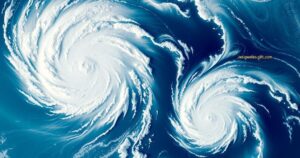 Satellite view of hurricanes in the ocean, illustrating storm patterns with vibrant colors and dramatic cloud formations.