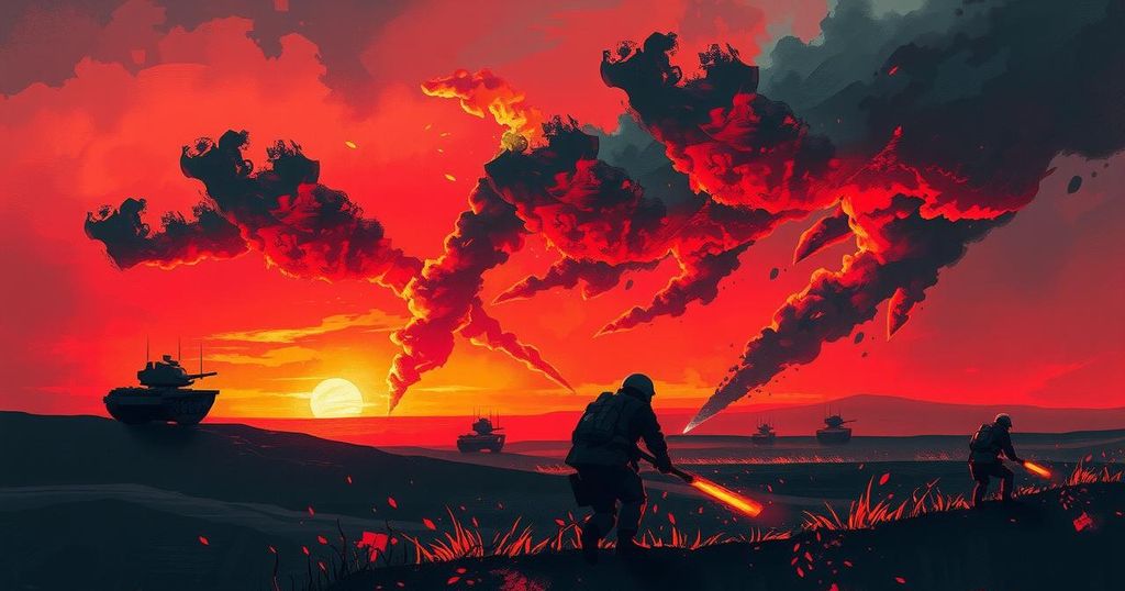 Artistic depiction of military landscapes with intense colors showing abstract conflict themes.