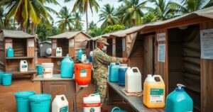 Service members in Liberia maintaining health practices with handwashing stations and disinfectant equipment.