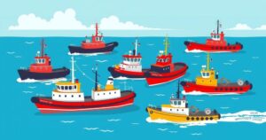 Colorful tugs illustrated with a nautical theme showcasing designs and global deliveries for marine towing.