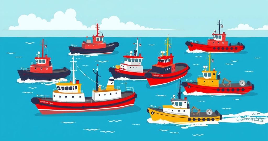 Colorful tugs illustrated with a nautical theme showcasing designs and global deliveries for marine towing.