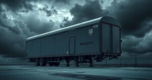 High-security prison transport with ominous clouds suggesting criminal justice themes.