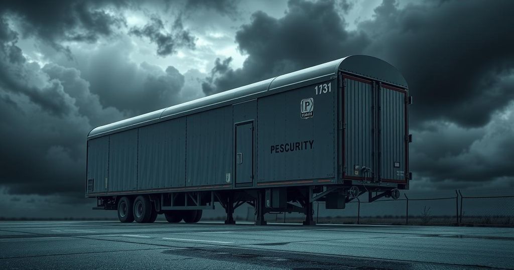 High-security prison transport with ominous clouds suggesting criminal justice themes.
