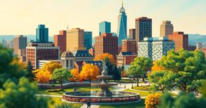 A vibrant cityscape of Allentown, Pennsylvania, featuring a dynamic skyline and a lively public park, symbolizing community engagement.