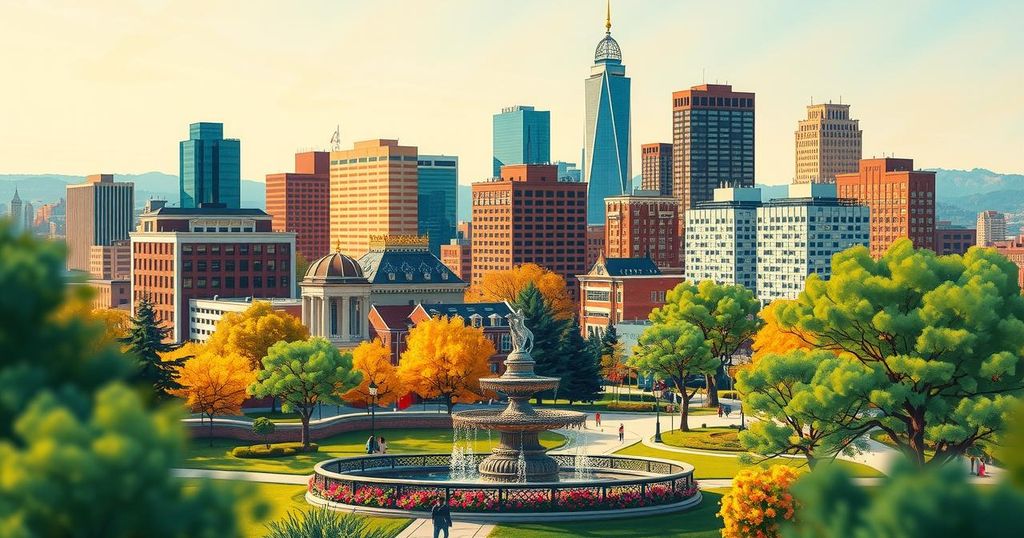 A vibrant cityscape of Allentown, Pennsylvania, featuring a dynamic skyline and a lively public park, symbolizing community engagement.