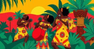 Ghanaian musical journey with vibrant colors reflecting African highlife and afrobeats rhythms