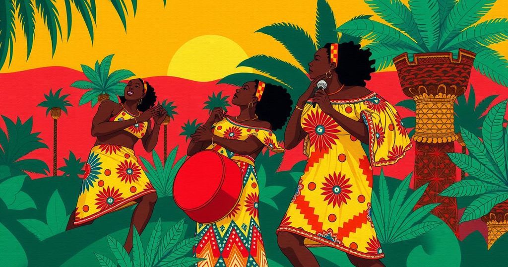 Ghanaian musical journey with vibrant colors reflecting African highlife and afrobeats rhythms