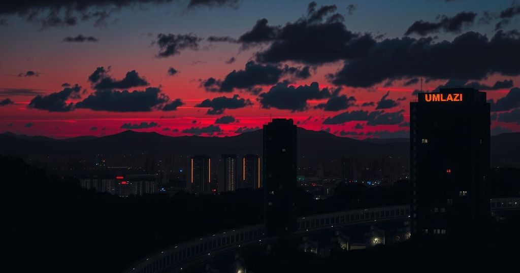 A dark skyline of uMlazi at twilight, hinting at mystery and intense events, with silhouettes of buildings and shadows.