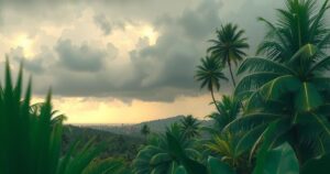 Tropical landscape depicting clouds and rain over a verdant area, in warm, muted colors with an impressionist style.
