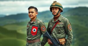Two soldiers in military uniforms standing together, symbolizing unity and hope. Green and earthy color tones dominate.