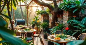 A serene retreat in Ghana featuring lush landscapes, vibrant organic meals, and peaceful spiritual ceremonies.