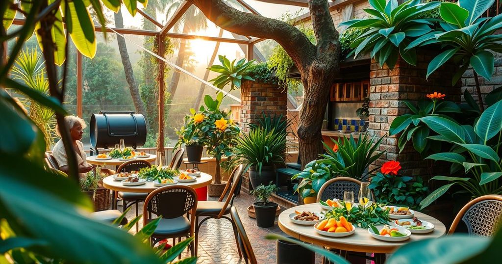 A serene retreat in Ghana featuring lush landscapes, vibrant organic meals, and peaceful spiritual ceremonies.
