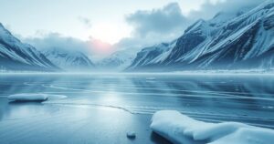 Icy landscape showcasing a frozen lake bordered by snow-covered mountains under a gray winter sky.