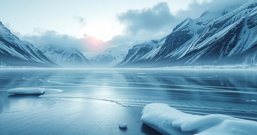 Icy landscape showcasing a frozen lake bordered by snow-covered mountains under a gray winter sky.