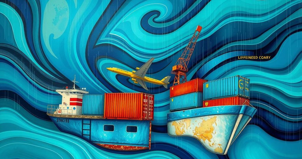 Colorful abstract representation of global trade and monsoon season news updates.