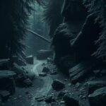 A dark forest path lined with jagged rocks, symbolizing danger and peril for those seeking freedom.