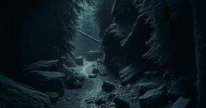 A dark forest path lined with jagged rocks, symbolizing danger and peril for those seeking freedom.