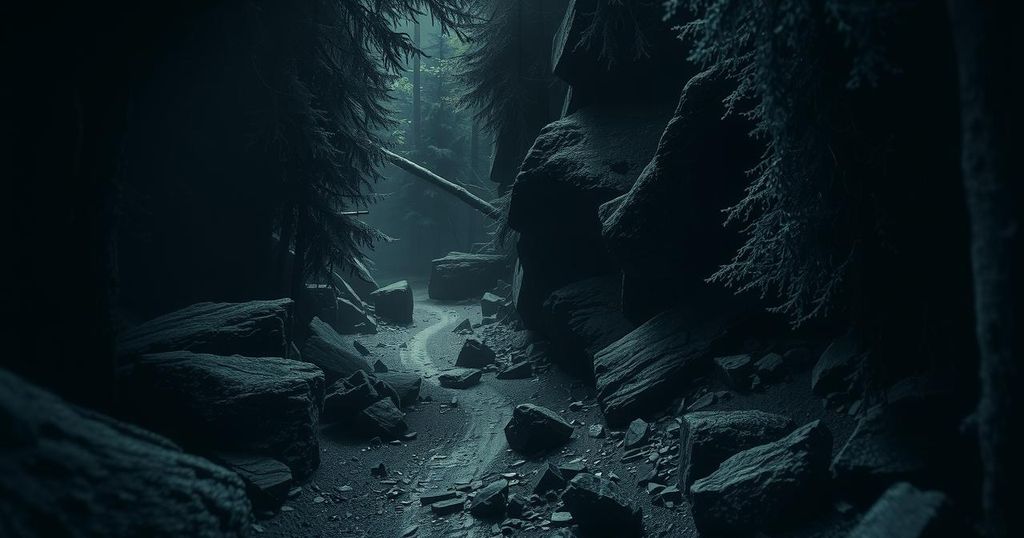 A dark forest path lined with jagged rocks, symbolizing danger and peril for those seeking freedom.
