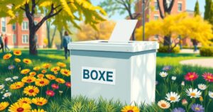 An illustration of a ballot box surrounded by vibrant colors symbolizing democracy and civic engagement.