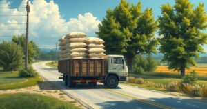 A recovered truck loaded with cement bags on a rural road, surrounded by greenery and clear blue skies.