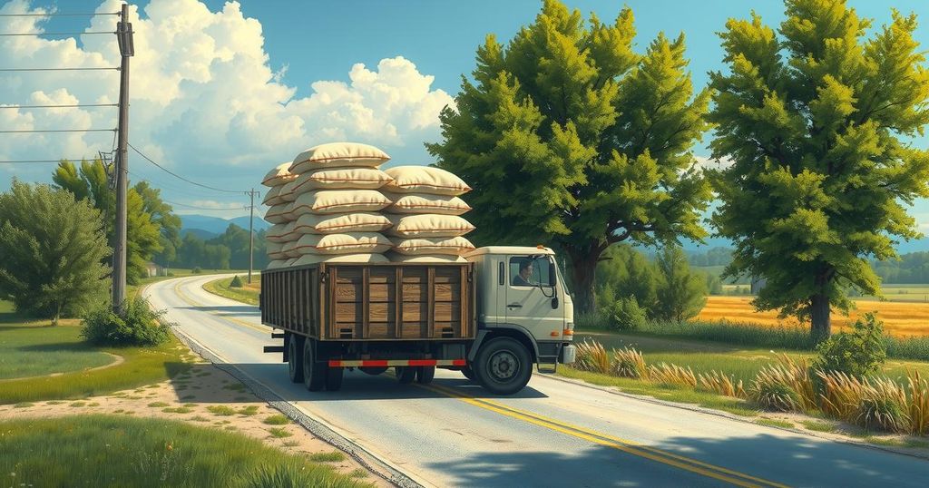 A recovered truck loaded with cement bags on a rural road, surrounded by greenery and clear blue skies.