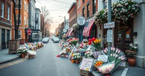 A memorial scene with floral tributes in a quiet street, reflecting community solidarity and loss.