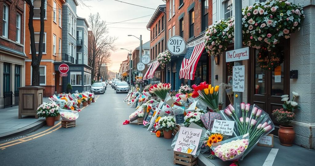 A memorial scene with floral tributes in a quiet street, reflecting community solidarity and loss.