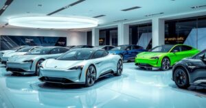 Showcasing new electric vehicles in Jordan, featuring streamlined designs and a modern showroom setting.