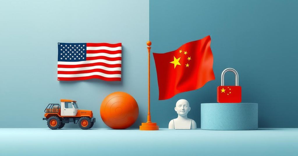 An abstract representation of a dialogue between nations, with symbolized trade and security themes using a muted color palette.