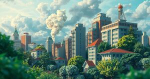 A vibrant cityscape contrasting lush greenery with smoke clouds, symbolizing the vaping crisis in Nigeria.