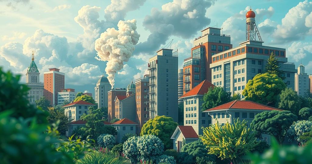 A vibrant cityscape contrasting lush greenery with smoke clouds, symbolizing the vaping crisis in Nigeria.