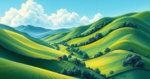 A serene landscape of winding paths through lush green valleys under a bright blue sky.