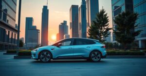 Electric SUV in a modern cityscape showcasing innovation and technology.