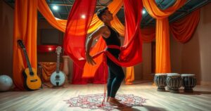 A vibrant dance studio scene with colorful silk fabrics and traditional Middle Eastern instruments that evoke belly dancing.