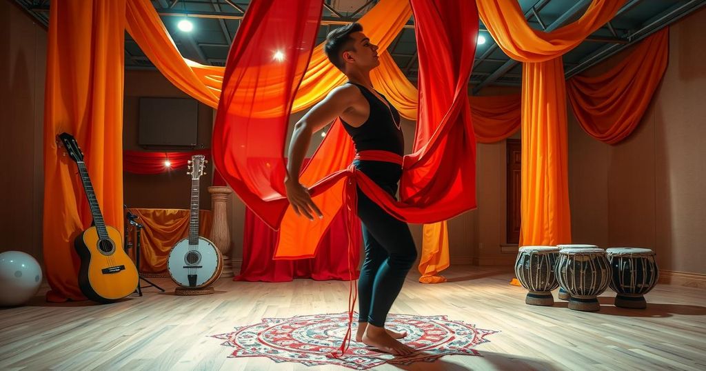 A vibrant dance studio scene with colorful silk fabrics and traditional Middle Eastern instruments that evoke belly dancing.