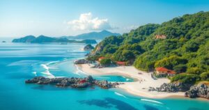 A scenic view of Wonsan, North Korea, showcasing the coastal tourist area with lush greenery and inviting beaches.