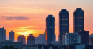 A bright city skyline silhouette during dusk with warm colors blending in the sky.