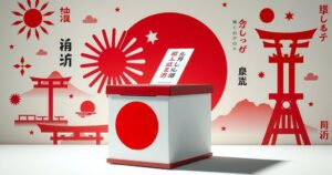 A stylized illustration of a ballot box surrounded by Japanese symbols and red and white hues, symbolizing elections.