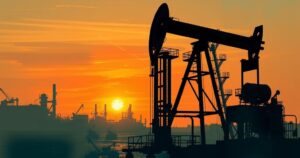 A representation of Argentina's oil industry with abstract industrial elements and rich earthy tones.