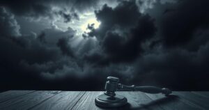 A somber landscape depicting justice, featuring a gavel on a wooden table surrounded by dark clouds and a faint light.