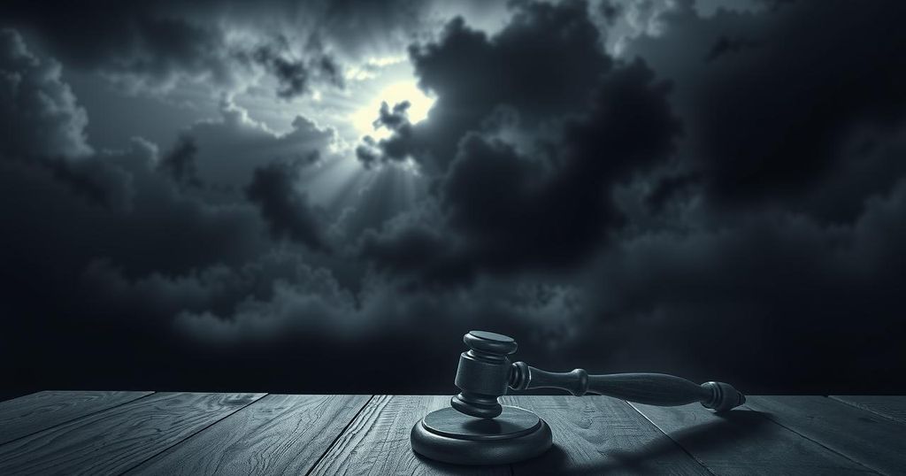 A somber landscape depicting justice, featuring a gavel on a wooden table surrounded by dark clouds and a faint light.