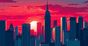 A bold city skyline representing political change, with vibrant red and blue colors reflecting contrasting ideas.