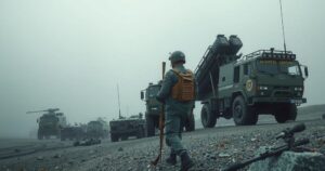 A conceptual illustration featuring military equipment in a conflict zone, surrounded by a misty atmosphere.