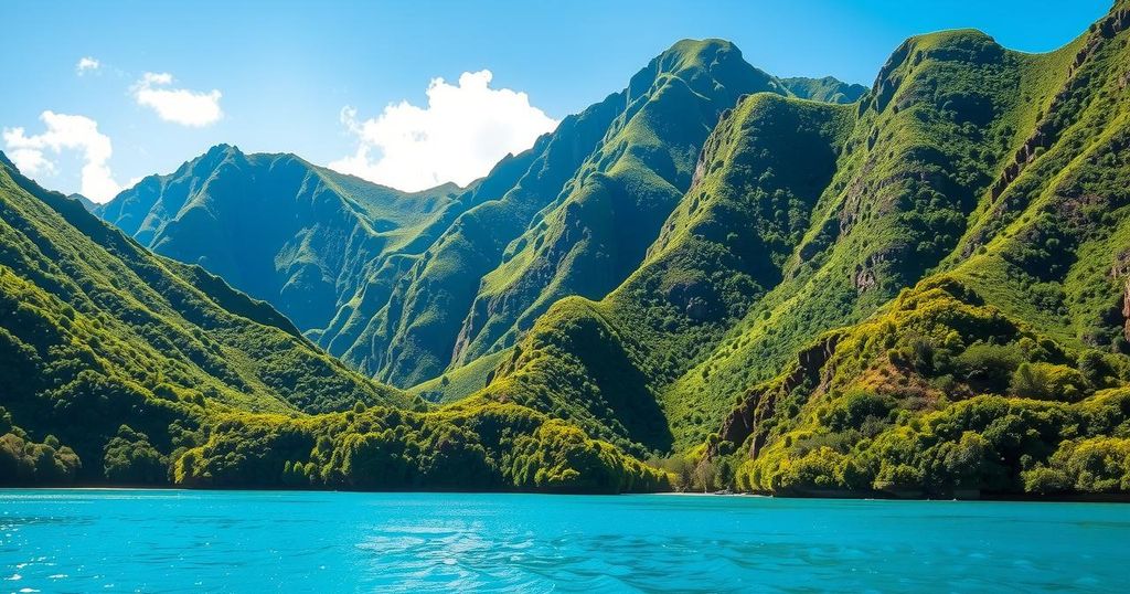A scenic view of Haiti's landscape showcasing mountains and tropical foliage under a bright sky.
