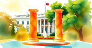 Illustration of diplomatic exchange between leaders with a warm color palette and a soft painting style.